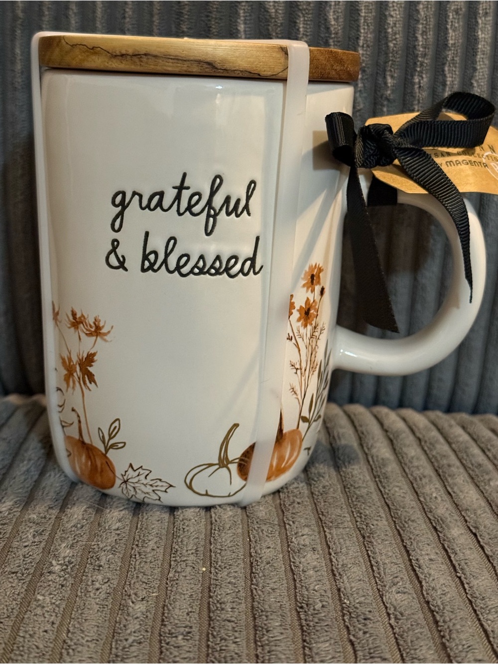 Rae Dunn ‘Grateful & Blessed’ Ceramic Mug with Wooden Coaster- Fall Themed